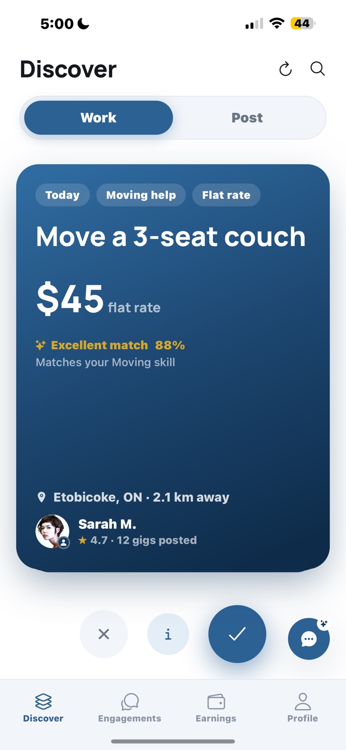 UNAVIA app showing a move a 3-seat couch opportunity paying 45 dollars flat rate